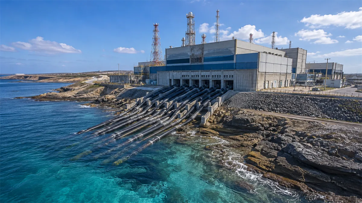 A large coastal plant with pipes extending into bright turquoise water suggests a cable landing, intake, or utility facility where ocean infrastructure meets terrestrial operations and...