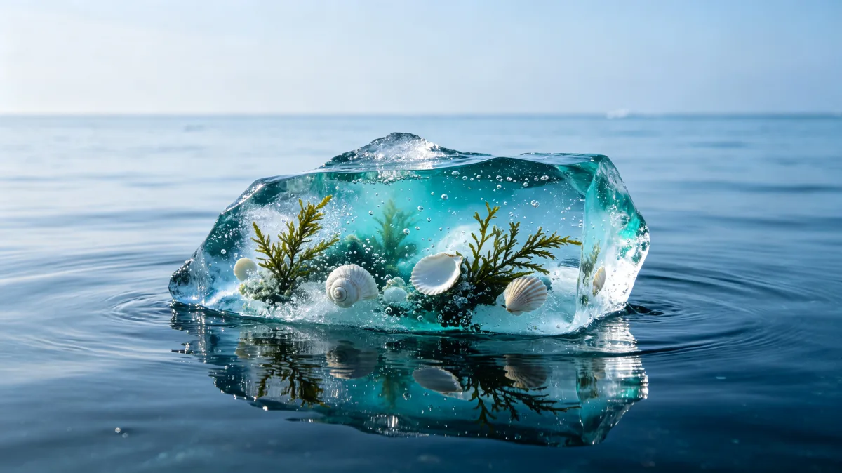 white clouds and blue sky reflect on an almost mirror-calm ocean surface.