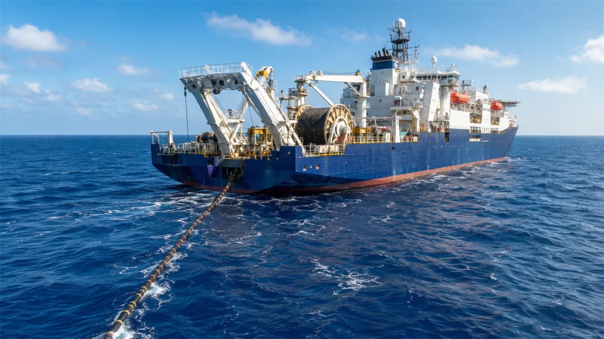 A large specialized vessel travels across blue water leaving a wake, representing submarine cable installation, offshore repair work, marine telecom operations, and the ocean routes that connect...