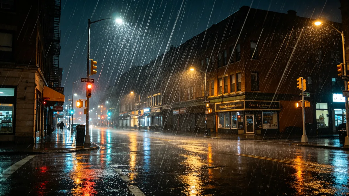 a wet city intersection glows under streetlights as rain falls through the night, capturing urban daily life, commuting, weather, empty sidewalks, and the reflective atmosphere after dark.