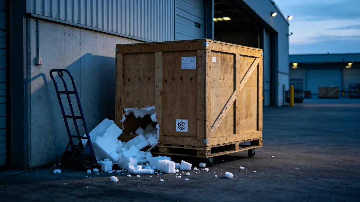 wooden shipping crate outside warehouse with hand truck