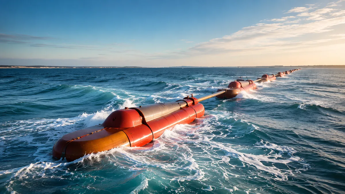 A red wave energy converter floats across the ocean surface under clear daylight.