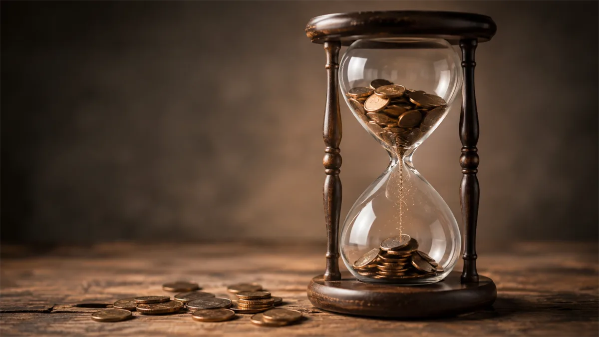 Coins drain through an hourglass on a rough wooden surface, suggesting time pressure, declining savings, debt deadlines, or inflation eroding purchasing power.