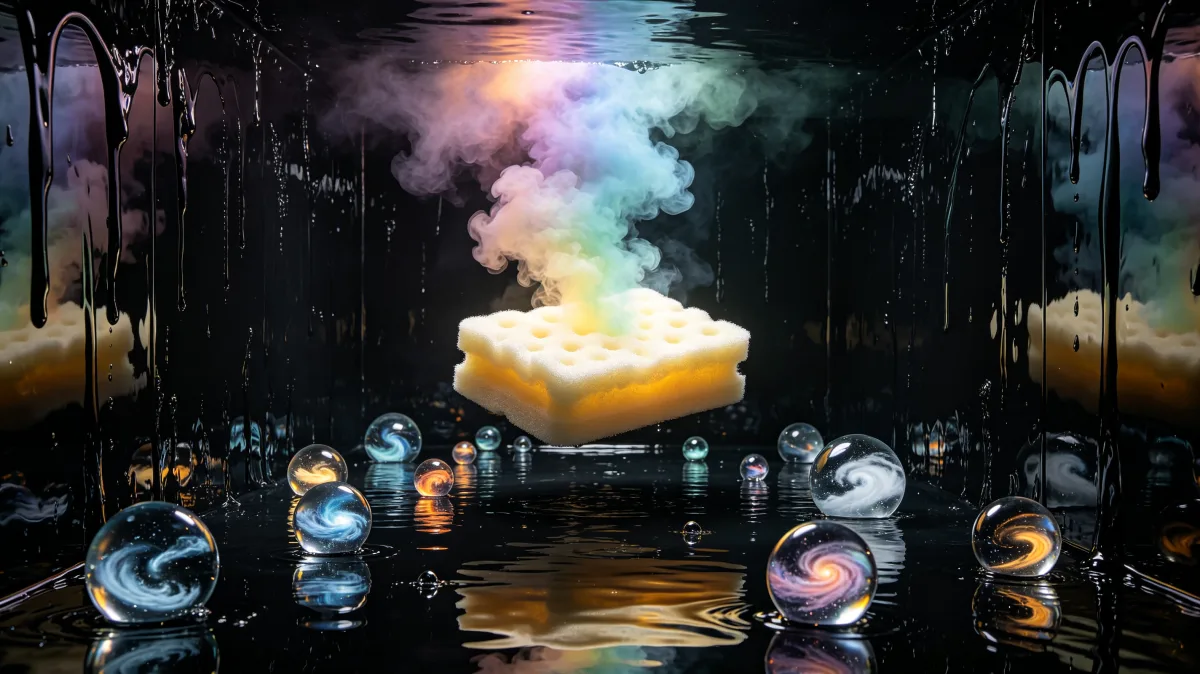A yellow sponge smokes inside a dark room surrounded by reflective glass orbs.