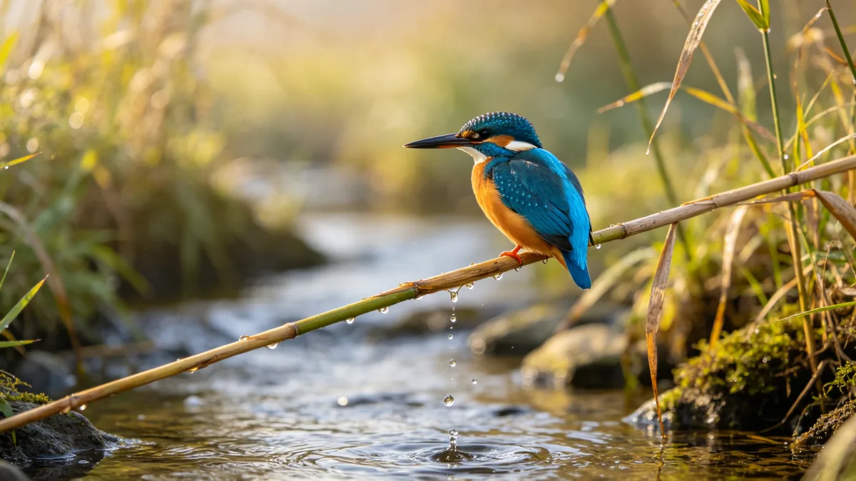 Colorful kingfisher perched on branch above wetland stream