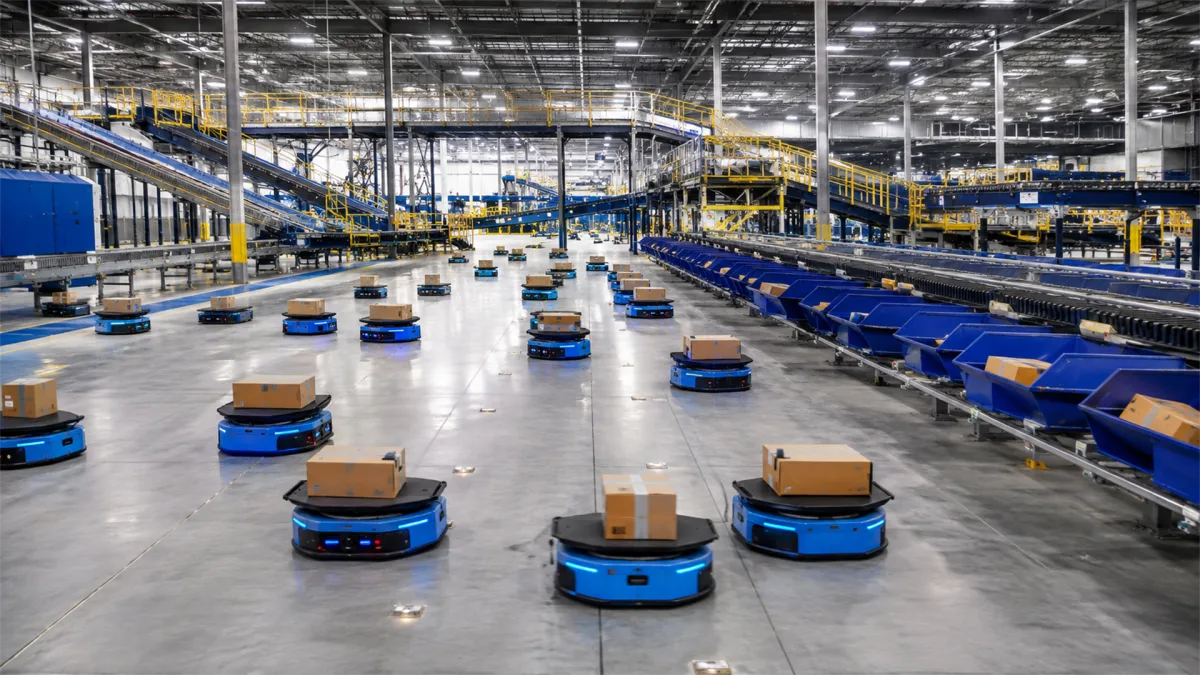 blue warehouse robots carrying parcels across fulfillment floor