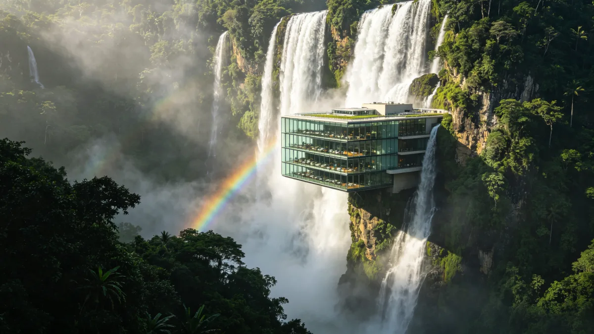 Waterfall Building In Rainforest Cliff