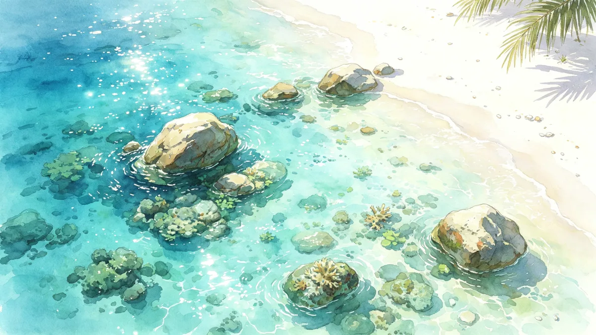 Clear tropical water with rocks near sandy shore