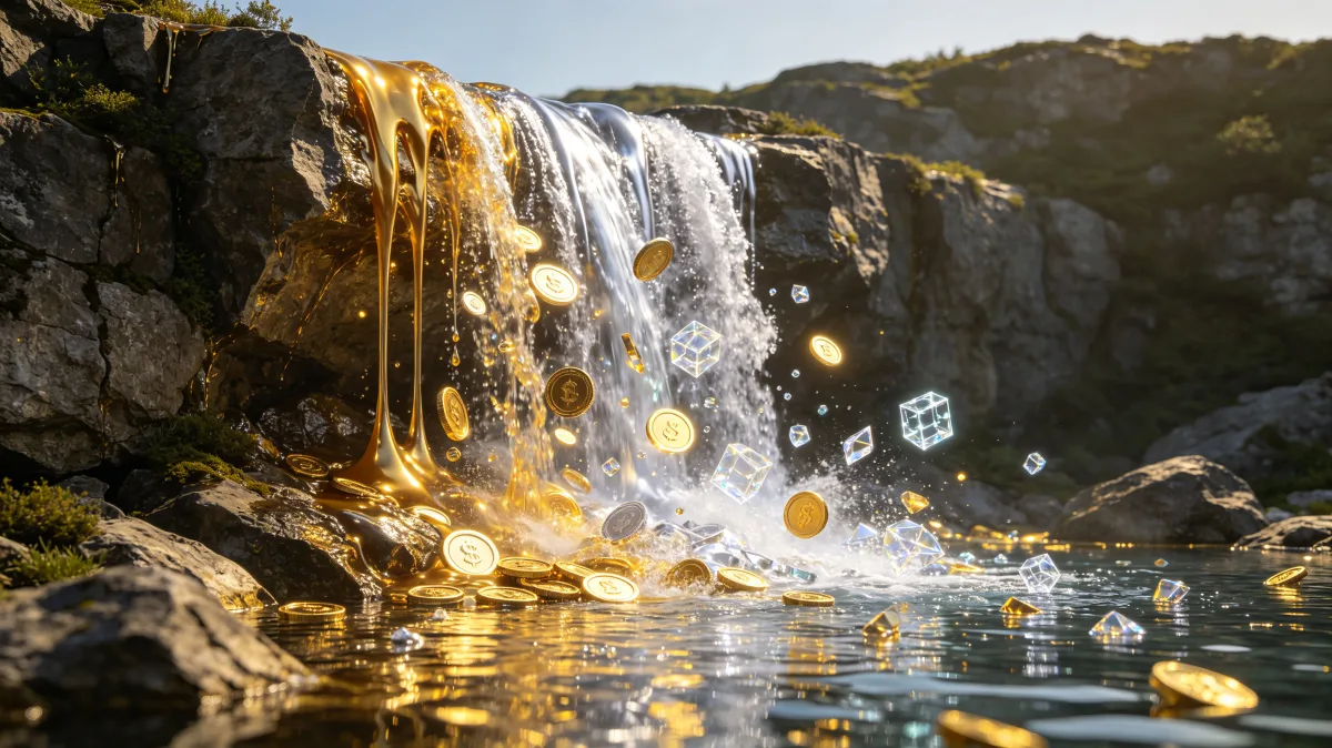 A rocky waterfall pours golden light, coins, and banknotes into a pool, making a high-energy cash-flow image about abundance, revenue streams, financial inflow, and resource movement.
