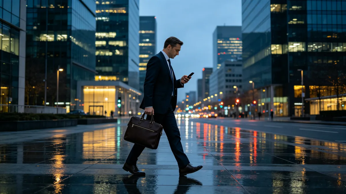 Businessman walking through financial district with phone at dusk