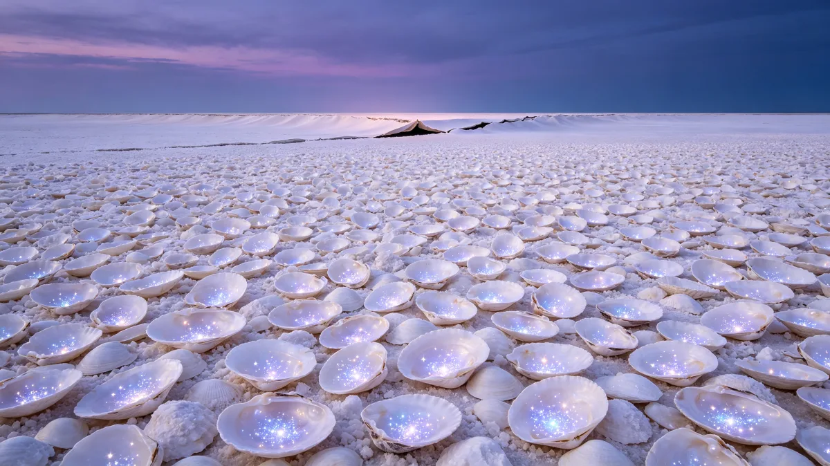 Round ice bubbles cover a frozen plain under a pink and blue horizon.