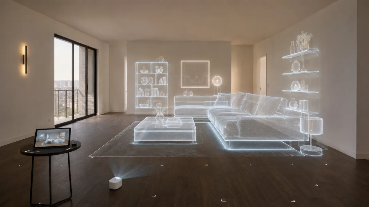 An empty apartment is overlaid with transparent furniture and shelving previews, showing augmented-reality interior design and home staging.