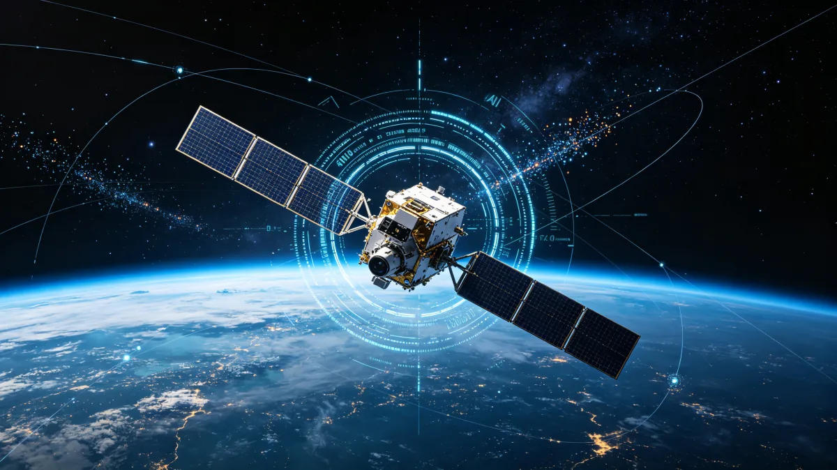 Satellite above Earth with glowing digital orbit and communication network