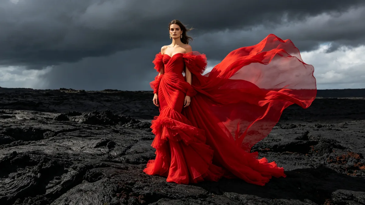 Red Dress Figure In Storm Landscape