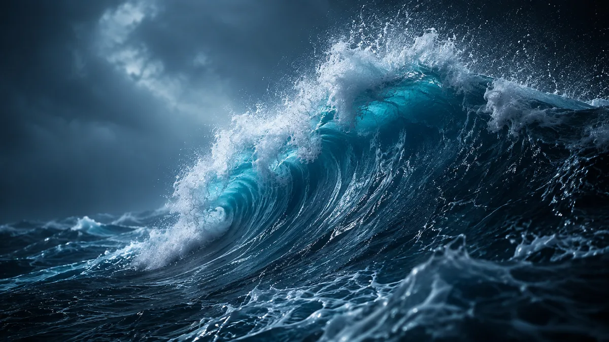 deep blue ocean wave breaking under stormy sky