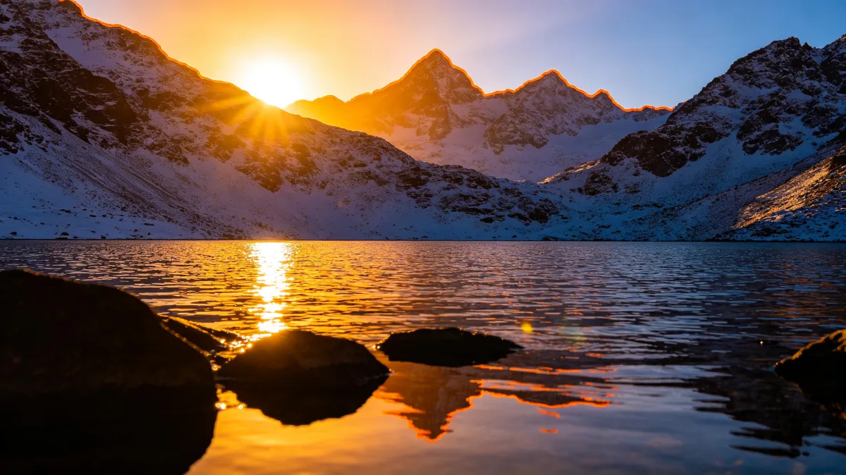 Golden sunset reflected across an alpine lake between jagged snow-covered mountain peaks.