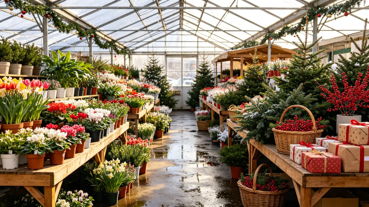greenhouse flower market decorated with garlands and gifts