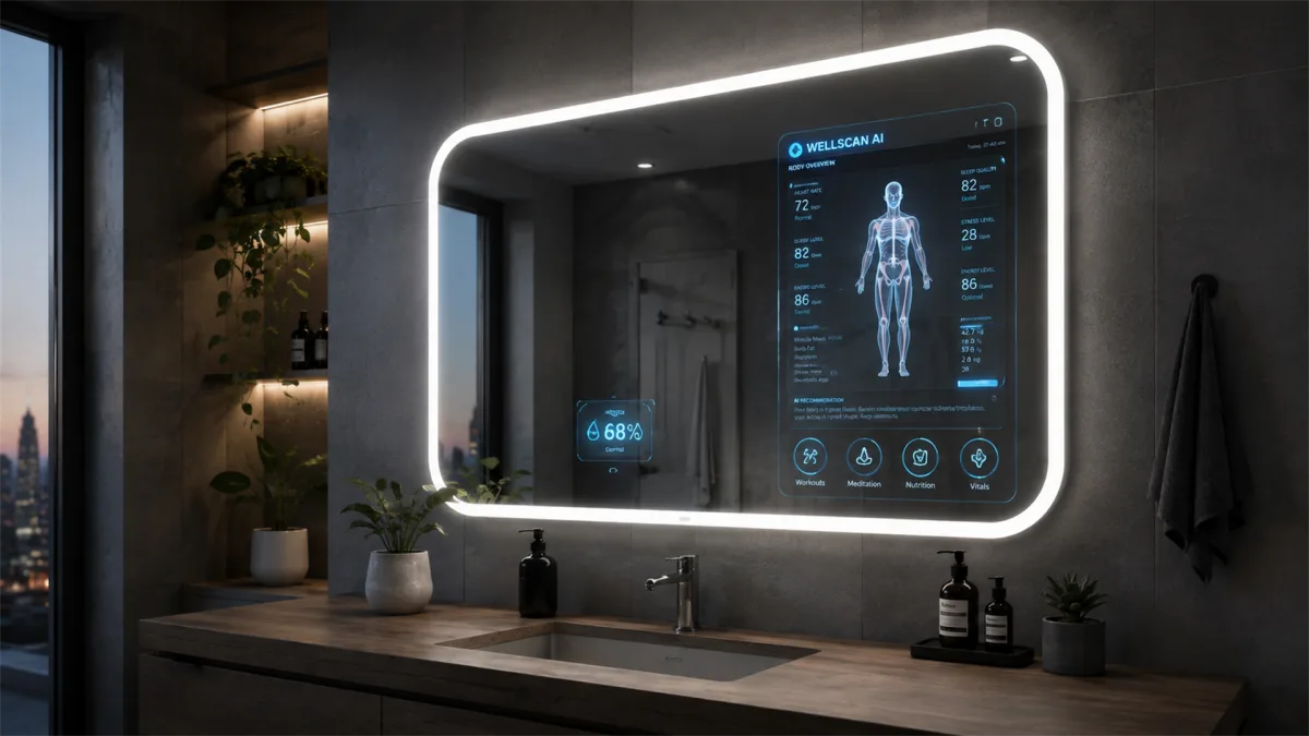 A bathroom mirror displays health metrics, body scanning data, and connected wellness information above a minimalist sink.