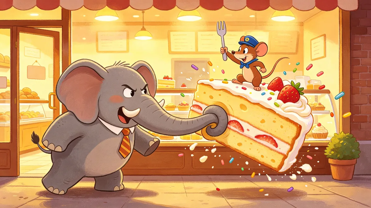 A colorful storybook cartoon scene featuring elephant carrying giant cake in bakery, designed for playful children-friendly illustration use.