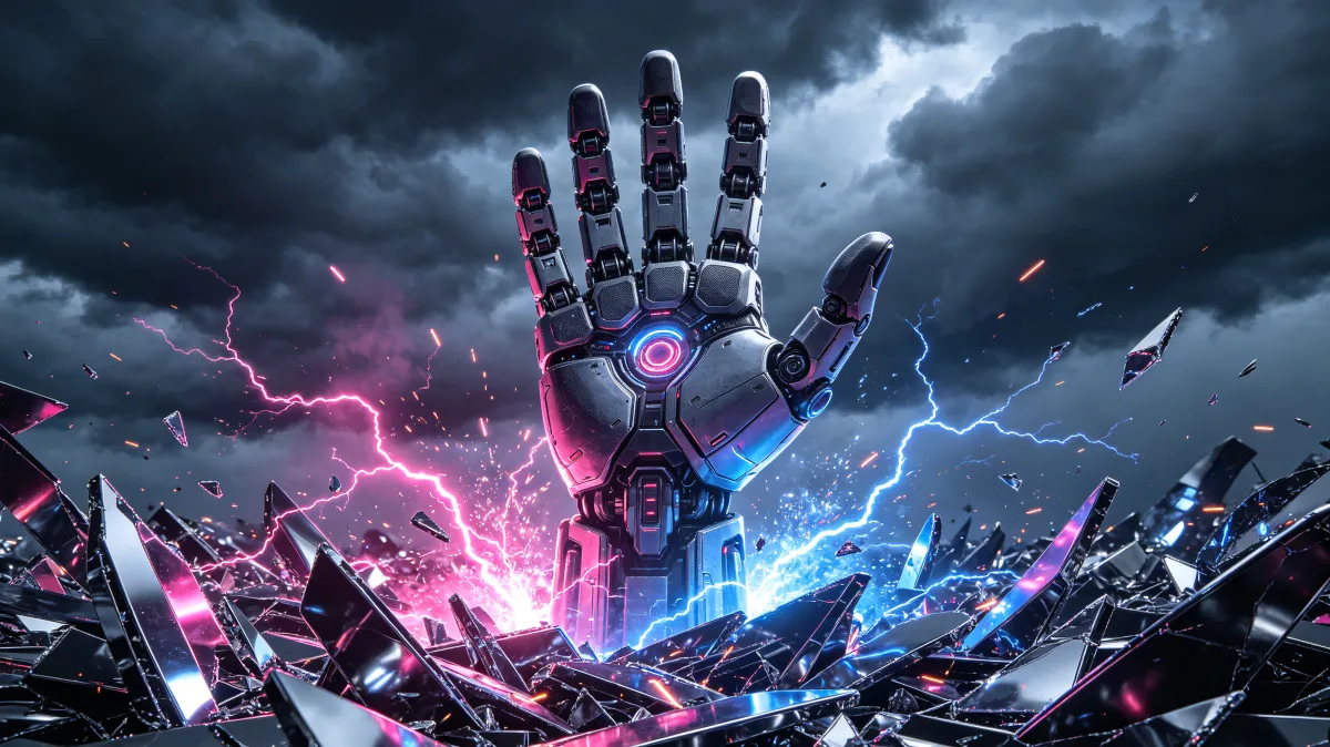 Cybernetic Hand Rising From Lightning Wreckage
