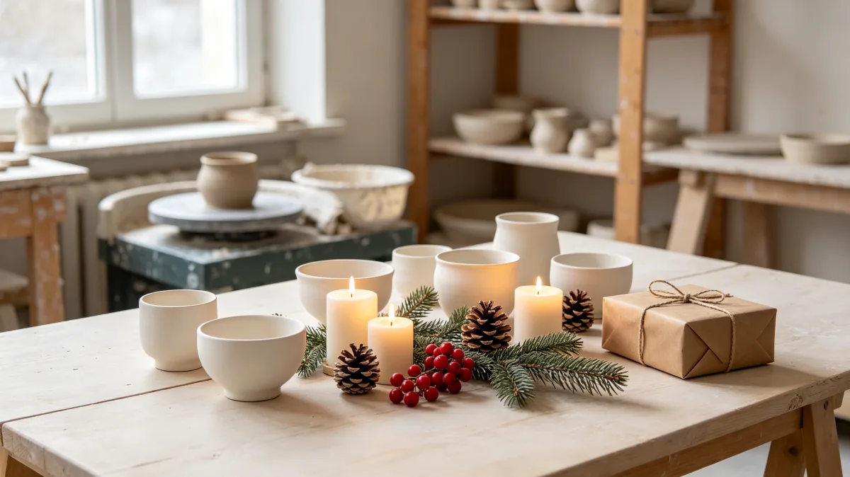 minimal holiday tabletop with candles, pine cones, berries, and gifts