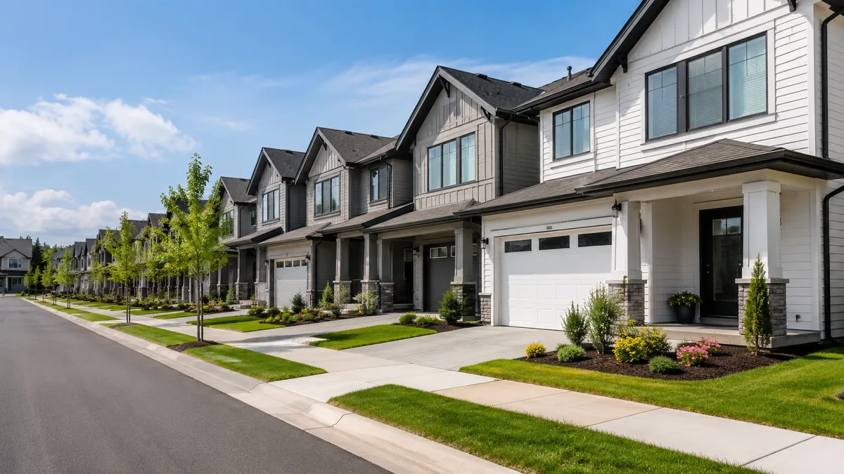 A row of attached townhouses with garages, trimmed lawns, and sidewalks lines a quiet residential street.