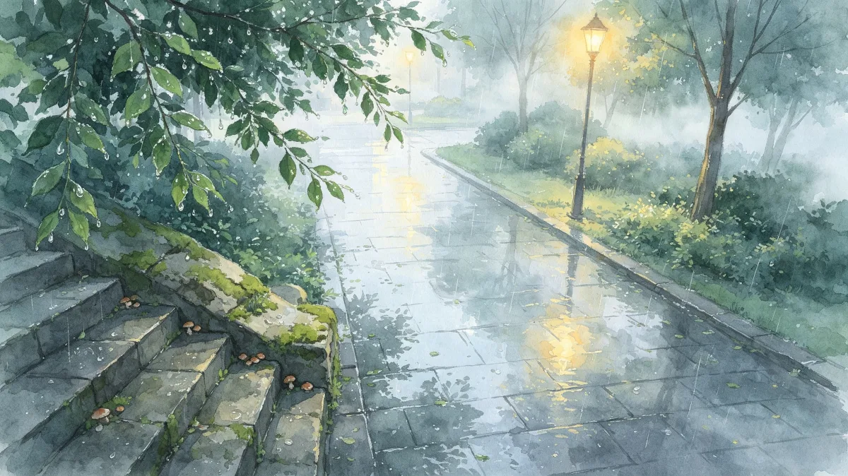 Rainy garden steps with mist and warm light