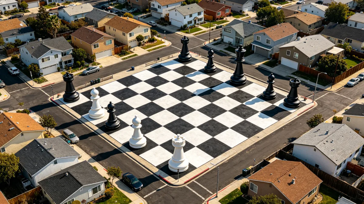a huge chessboard with oversized pieces covers rooftops and streets in a suburb, creating a strategic metaphor for planning, competition, housing, decision making, and neighborhood-scale consequences.