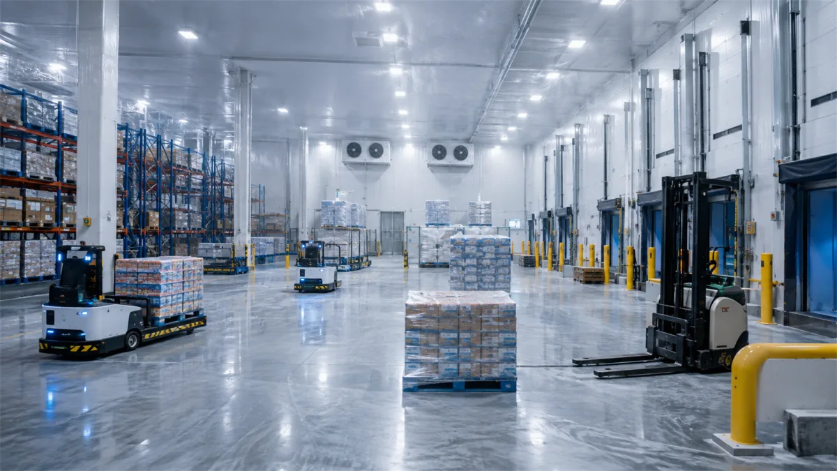 refrigerated warehouse with pallets autonomous carts and wrapped goods