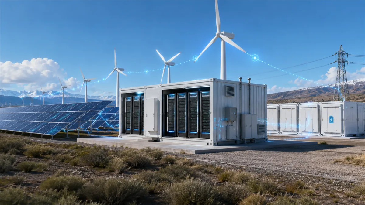 compact data center modules stand beside solar panels, wind turbines, and transmission lines in a dry landscape, showing edge computing powered by renewable energy and connected grid infrastructure.
