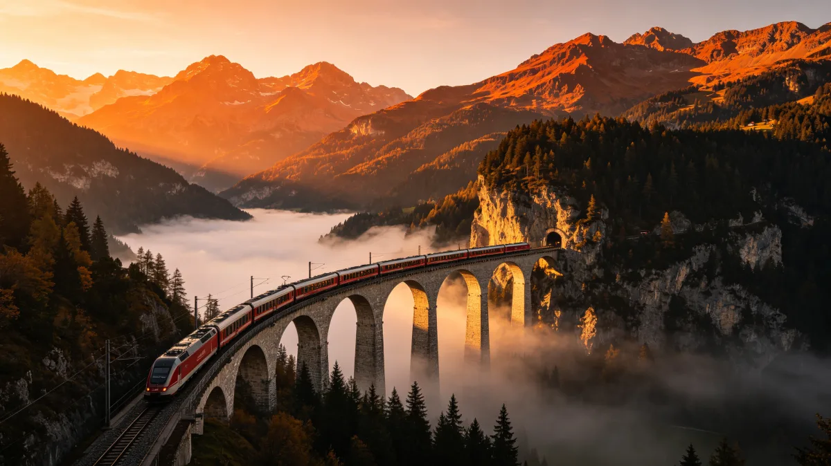 Mountain Viaduct At Golden Sunrise