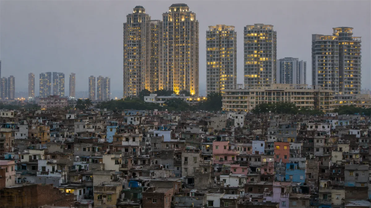 High-rise towers glow above dense low-income housing, highlighting inequality, urban contrast, housing gaps, and uneven development.