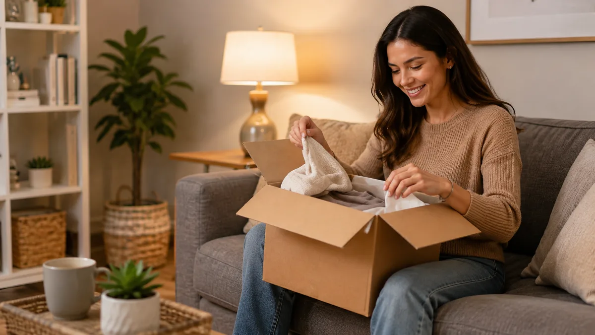 A customer opens a shipped clothing order from a cardboard box on a sofa.