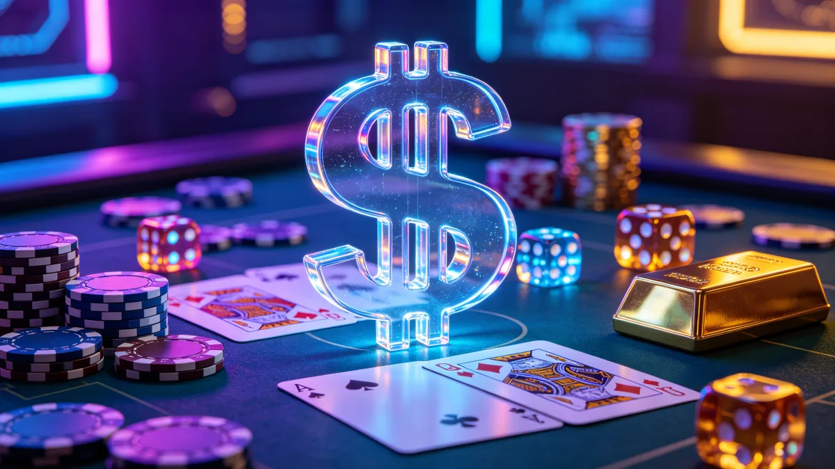 A glowing dollar symbol stands on a casino table with cards, chips, dice, and gold bars, creating a polished nightlife image about risk, gambling, speculation, and high-stakes money.