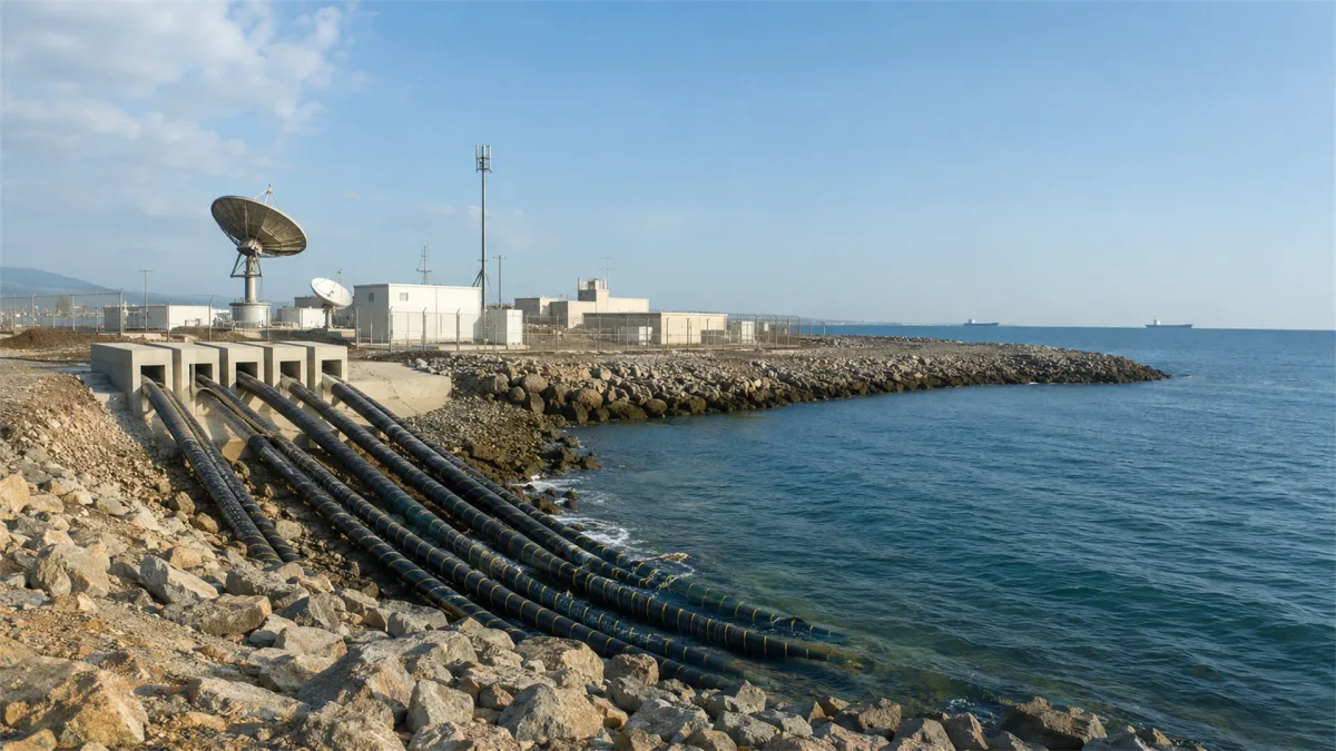A low coastal station sits behind rocks with thick black cables running from the building toward the sea, showing the shoreline infrastructure where submarine cables connect ocean routes to...