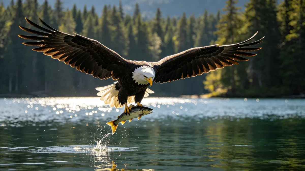 Bald eagle catching fish flying over calm mountain lake.