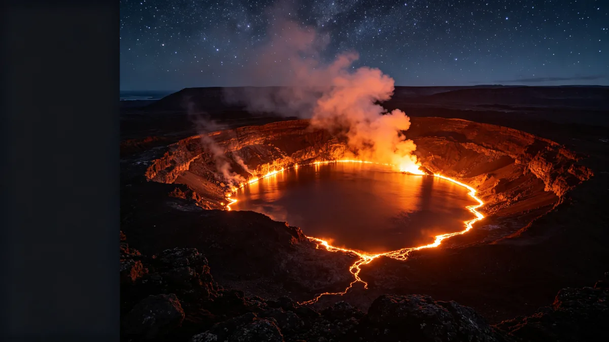 Volcanic Crater Glowing At Night