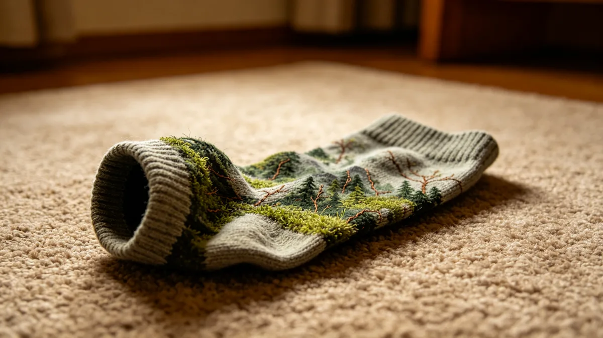 a single patterned sock lies on a carpet in warm indoor light, turning a tiny household detail into a relatable scene about laundry, morning routines, clutter, and ordinary domestic life.