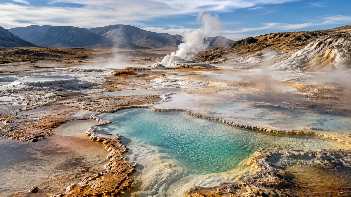 Steam rises from pale geothermal pools and mineral terraces in an open landscape.