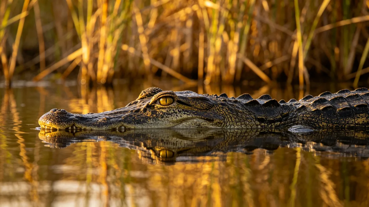 Alligator floating in marsh water near reeds