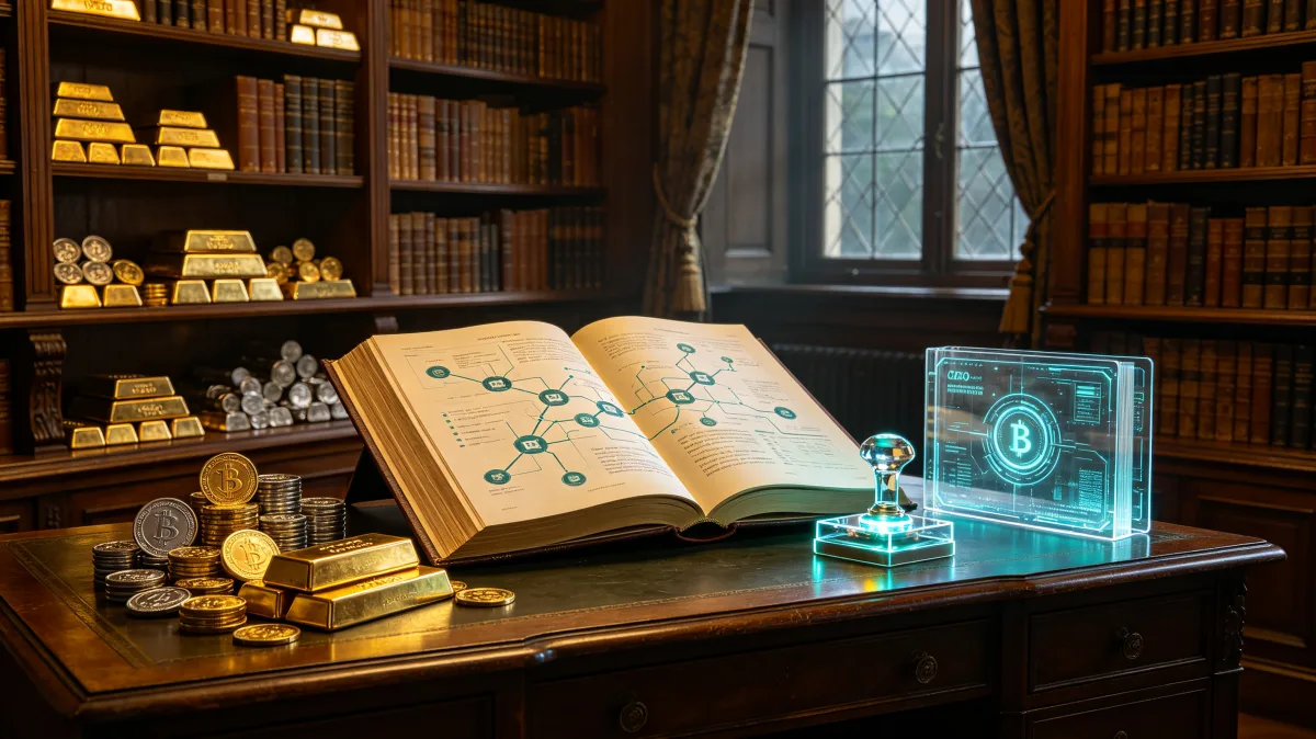 An open book, gold bars, coins, and a small glowing data display sit on a wooden desk in a library, blending traditional research with modern financial analytics.