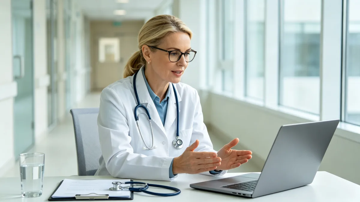 A doctor in a white coat talks beside a laptop in a clinical office, suggesting telehealth, patient consultation, medical administration, and professional healthcare communication.