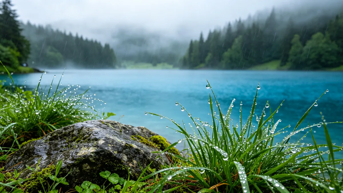 Dew-covered reeds and a mossy rock beside a misty turquoise forest lake.