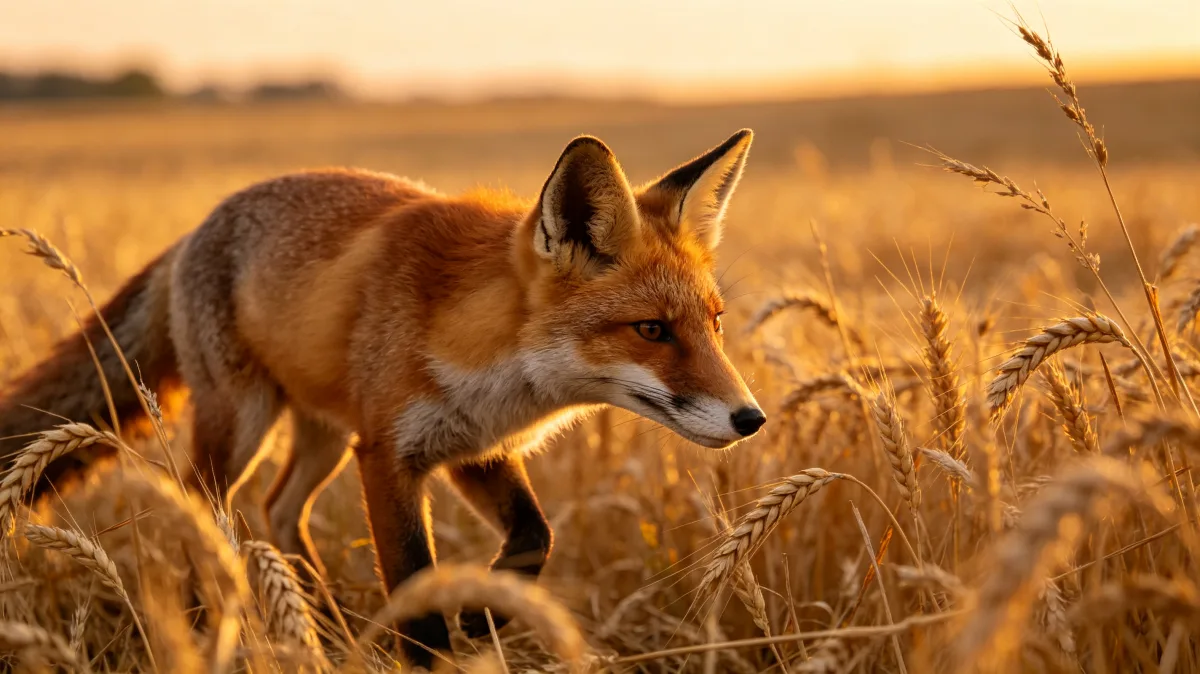 Red fox walking through golden grass in evening light