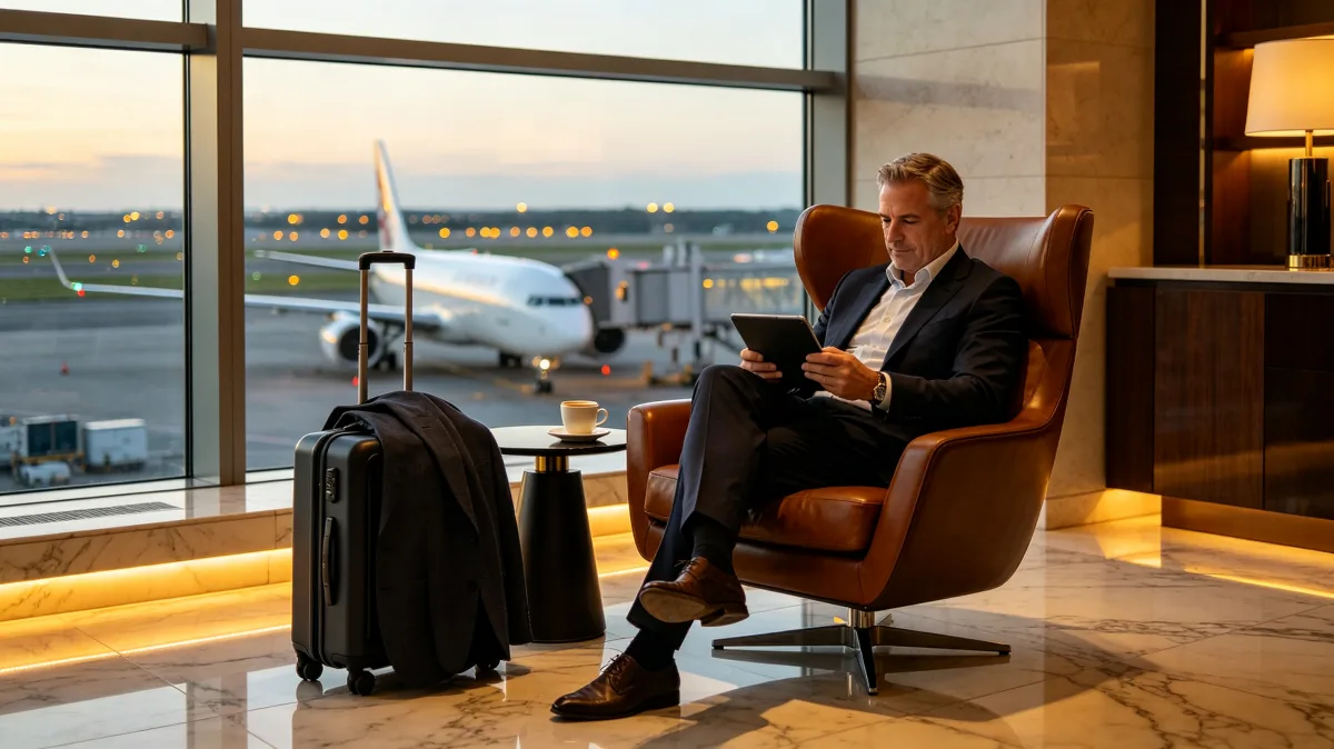 Executive reviewing papers in airport lounge near private jet
