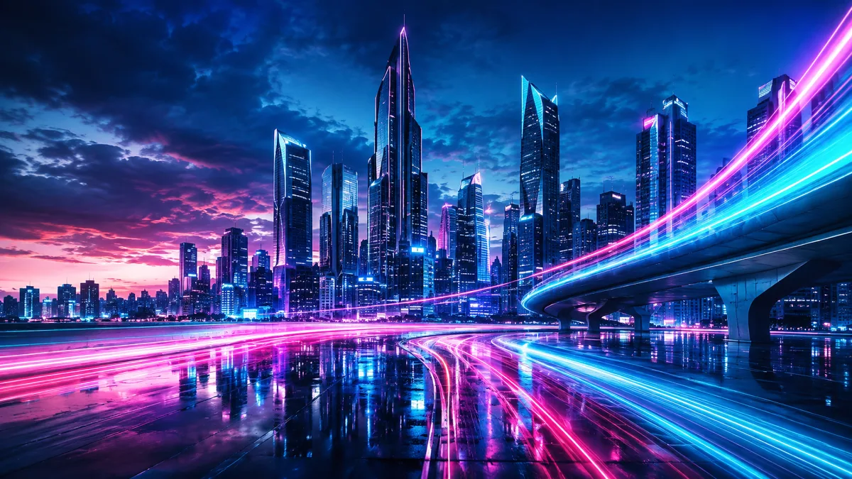 neon futuristic city skyline reflected in water at night