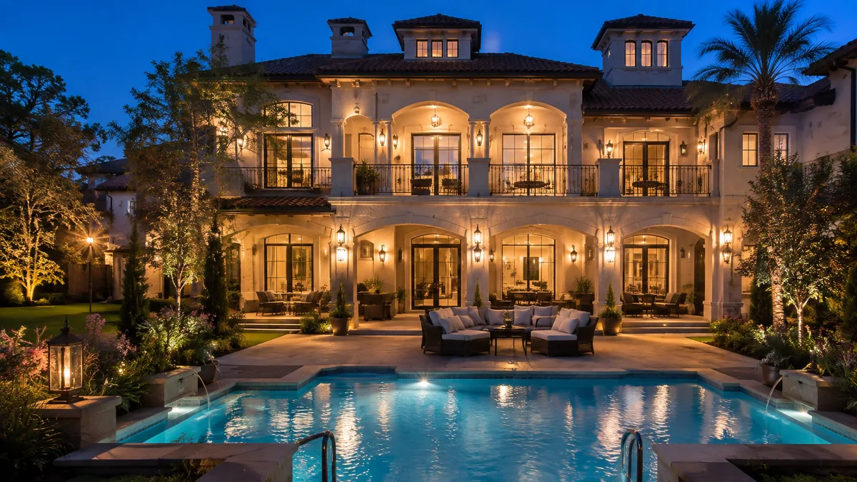 A Mediterranean-style mansion with balconies, palm trees, landscaped lighting, and a pool creates a high-end residential exterior.