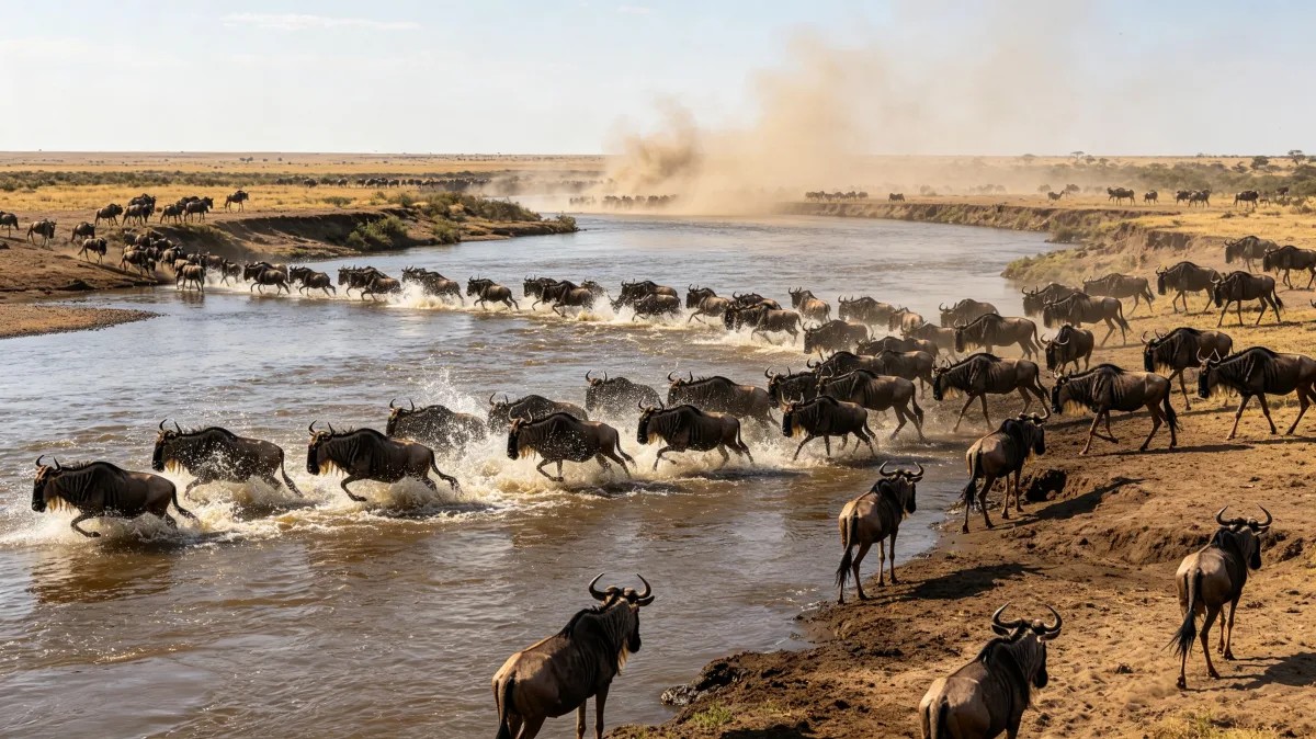 Mass wildbeest herd river crossing during serengeti great migration.