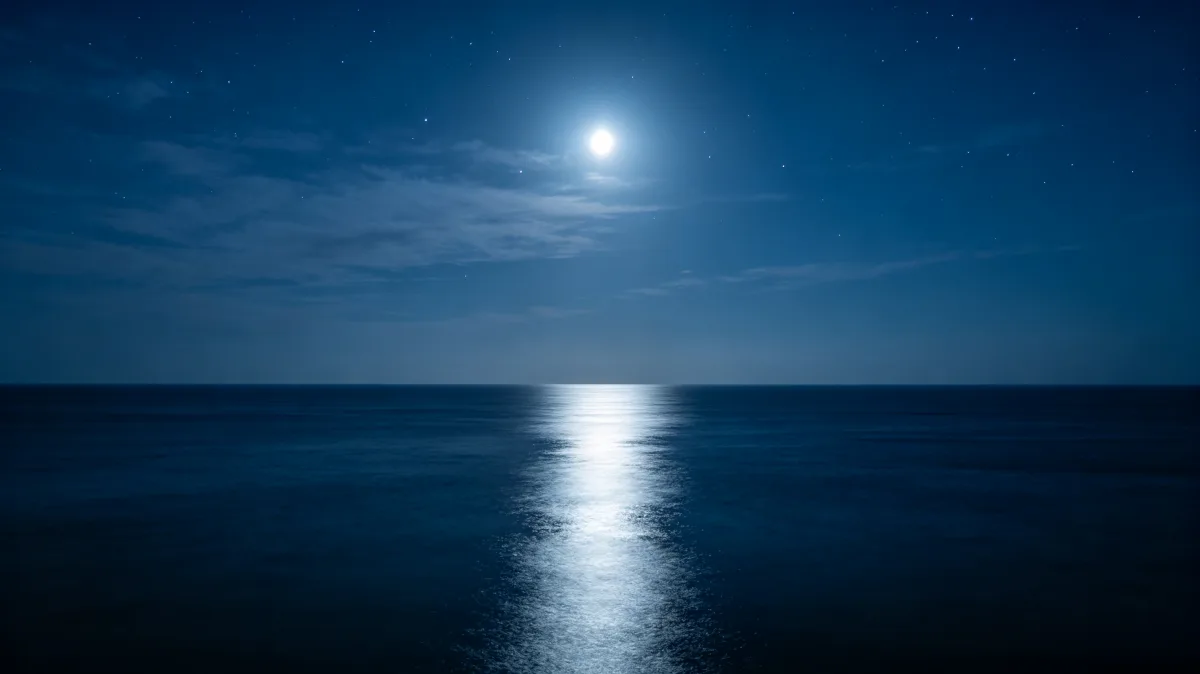 a full moon casts a silver reflection across a calm blue ocean horizon.