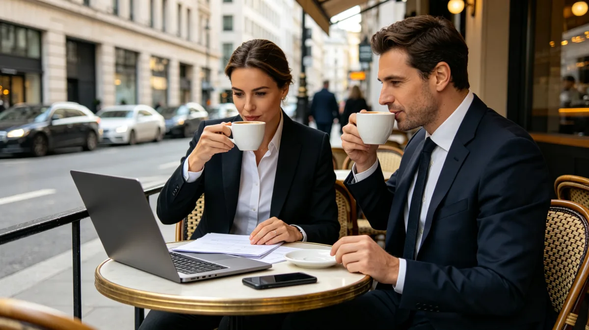 Business professionals working at sidewalk cafe with laptop